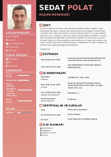 Maden Mühendisi Cv Örnekleri cv indir